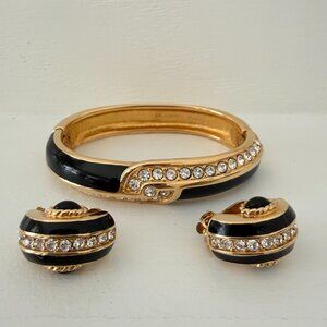🖤✨ Black Enamel Rhinestone Bangle Bracelet & Earrings Set | Vintage Style